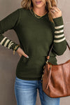 Green Striped Sleeve Plain Knit Sweater-Tops-MomFashion