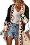 Black Aztec Print Open Front Knitted Cardigan-Tops-MomFashion