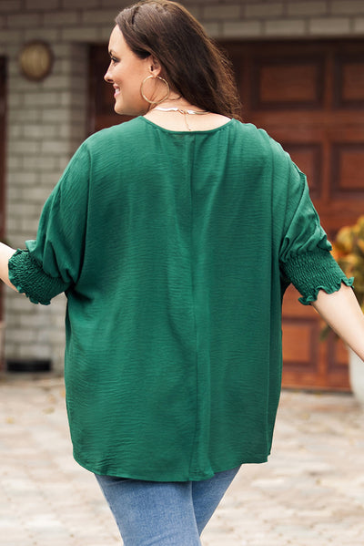 Green Smocked Wrist Shift Top-Tops-MomFashion