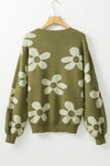 Spinach Green Big Flower Knit Ribbed Trim Sweater-Tops-MomFashion