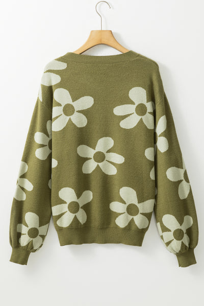 Spinach Green Big Flower Knit Ribbed Trim Sweater-Tops-MomFashion