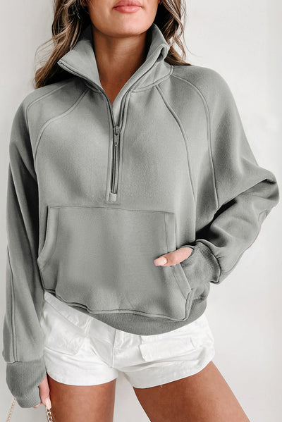 Gray Zip Up Stand Collar Ribbed Thumbhole Sleeve Sweatshirt-Tops-MomFashion