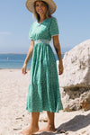 Green Floral Print Lace Splicing Flared High Waist Midi Dress-Dresses-MomFashion