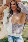 Brown Colorblock Mixed Textured Sweater-Tops-MomFashion