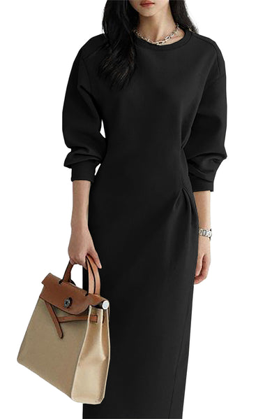 Black Solid Color Cinched Waist Long Sleeve Maxi Dress-Dresses-MomFashion