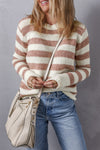 Brown Striped Round Neck Casual Sweater-Tops-MomFashion