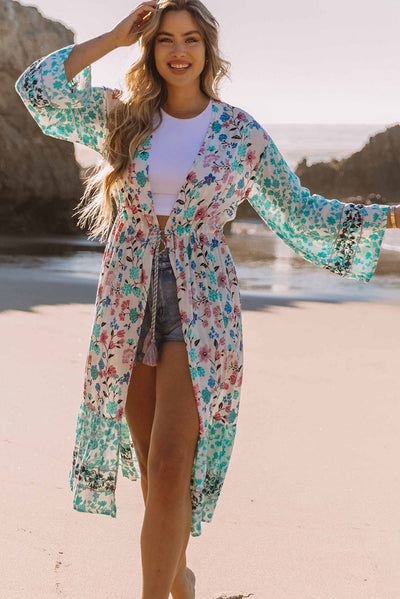 Multicolor Long Sleeve Tassel Tie Floral Kimono-Outerwear-MomFashion