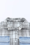 Sky Blue Plaid Patchwork Fringed Flap Pockets Denim Jacket-Outerwear-MomFashion