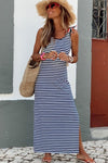 Blue Striped Print Lace-up Straps Sleeveless Maxi Dress with Slit-Dresses-MomFashion