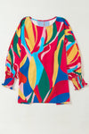 Multicolor Abstract Print Smocked Puff Sleeve Blouse-Tops-MomFashion