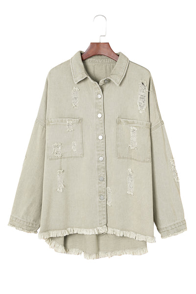 Green Distressed Fringe Trim Denim Jacket-Outerwear-MomFashion