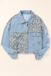 Blue Plus Size Leopard Ripped Cropped Denim Jacket-Plus Size-MomFashion