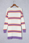 Beige Striped Long Sleeve Ribbed Trim Button Cardigan-Tops-MomFashion