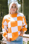 Orange Checkered Bishop Sleeve Sweater-Tops-MomFashion