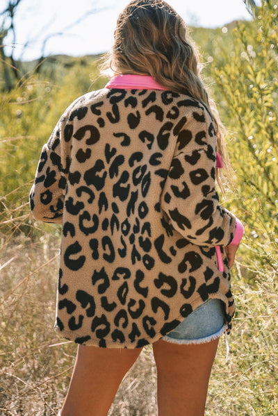 Leopard Contrast Trimmed Leopard Teddy Shacket-Outerwear-MomFashion