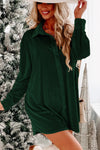 Blackish Green Velvet Button Front Shirt Mini Dress-Dresses-MomFashion