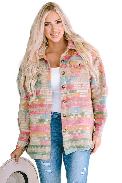 Multicolor Western Aztec Print Button Flap Pocket Shacket-Outerwear-MomFashion