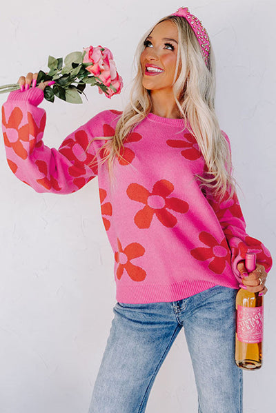 Rose Big Flower Knit Ribbed Trim Sweater-Tops-MomFashion