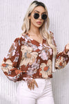 Brown Frilled V Neck Bubble Sleeve Floral Blouse-Tops-MomFashion