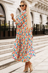 Multicolor Abstract Geometric Print Long Sleeve High Waist Dress-Dresses-MomFashion