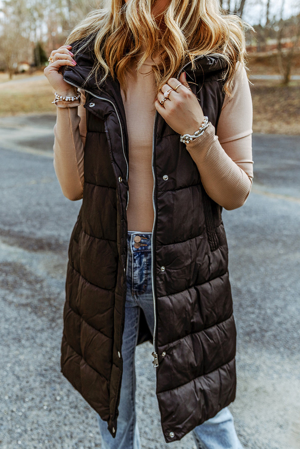 Black Hooded Long Quilted Vest Coat-Outerwear-MomFashion