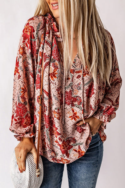 Pink Split V Neck Printed Blouse-Tops-MomFashion