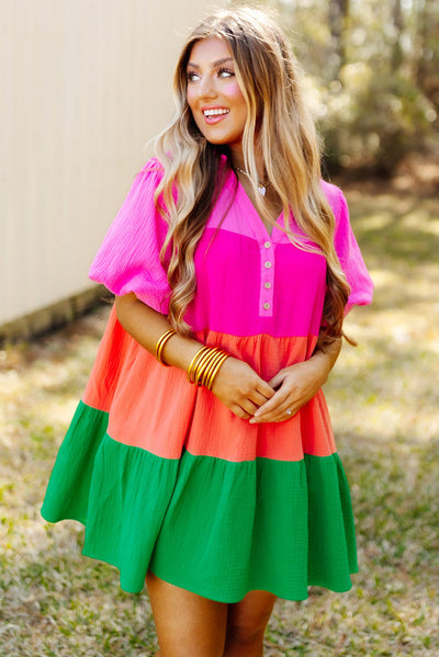 Multicolor Color Block Tiered Puff Sleeve Dress-Dresses-MomFashion