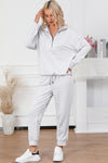 Gray Solid Half Zipped Drawstring High Waist Lounge Set-Loungewear-MomFashion