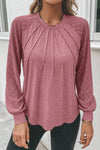 Rose Pink Contrast Lace Raglan Sleeve Plicate Round Neck Top-Tops-MomFashion