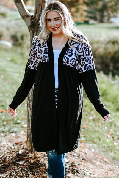 Black Leopard Detail Plus Size Cardigan-Plus Size-MomFashion