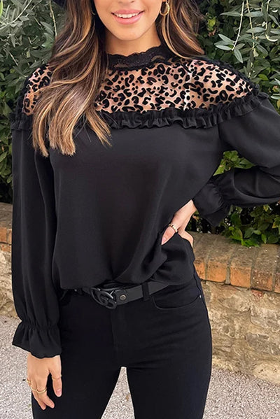 Black Leopard Mesh Splicing Ruffle Long Sleeve Blouse-Tops-MomFashion