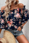 Blue Ruffle Off Shoulder Flounce Sleeve Floral Blouse-Tops-MomFashion