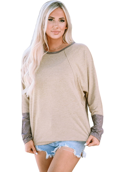 Khaki Contrast Cuffs Batwing Sleeve Loose Top-Tops-MomFashion