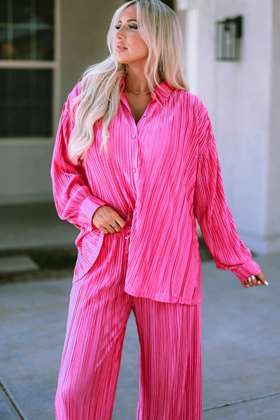 Rose Pleated Long Sleeve Shirt and Wide-Leg Pants Set-Loungewear-MomFashion