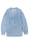 Sky Blue Split V-Neck Balloon Sleeve Ruched Denim Top-Tops-MomFashion