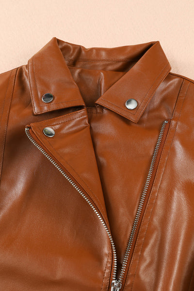 Brown Ribbed Seam Detail Faux Leather Zipped Motorcycle Jacket-Outerwear-MomFashion