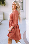 Brown Suede Square Neck Puff Sleeve Dress-Dresses-MomFashion