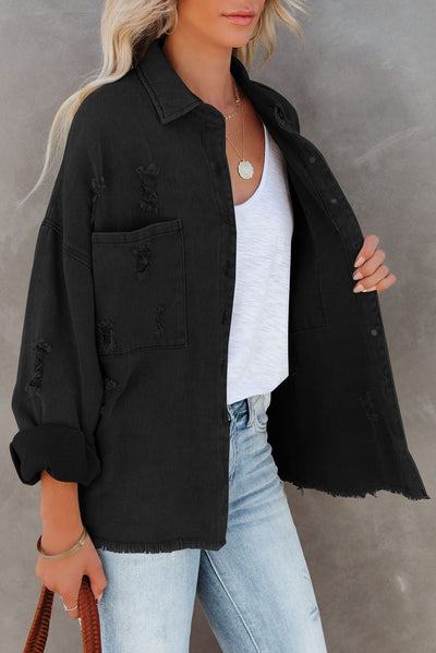 Black Distressed Fringe Trim Denim Jacket-Outerwear-MomFashion