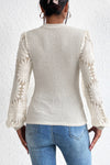 Beige Sunflower Mesh Bubble Sleeve Waffle Knit Top-Tops-MomFashion