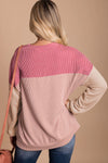 Pink Color Block Long Sleeve Ribbed Loose Top-Tops-MomFashion