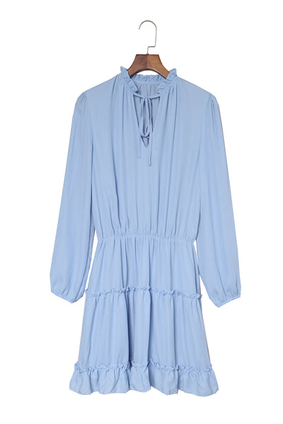 Light Blue V Neck Long Sleeve Ruffle Tiered Mini Dress-Dresses-MomFashion