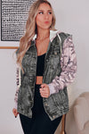 Black Camo Sleeve Hooded Buttoned Denim Jacket-Outerwear-MomFashion