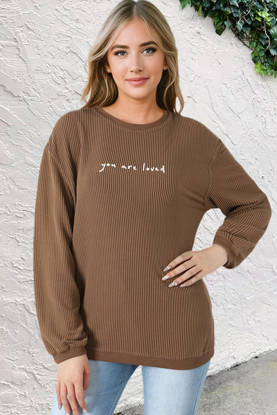 Khaki You Are Loved Print Corduroy Sweatshirt-Tops-MomFashion