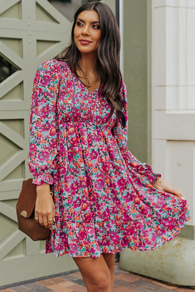 Purple Smocked V Neck Puffy Sleeve Floral Dress-Dresses-MomFashion