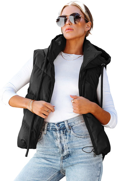 Black Sleek Quilted Puffer Hooded Vest Coat-Outerwear-MomFashion