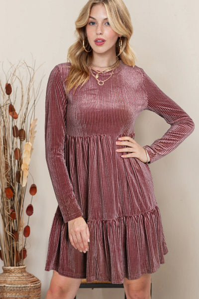 Pale Chestnut Long Sleeve Tiered Ribbed Velvet Dress-Dresses-MomFashion