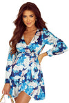 Blue Abstract Floral Long Sleeve Tied Ruffle Dress-Dresses-MomFashion