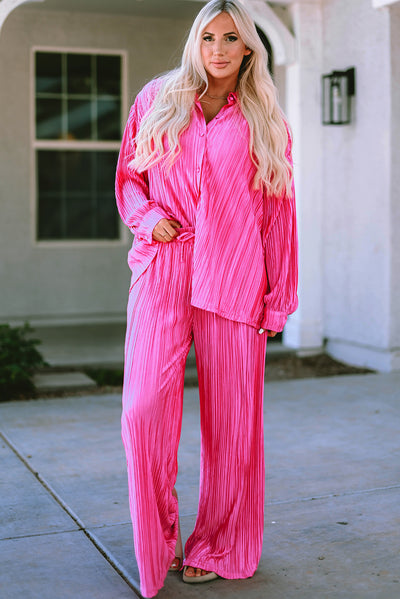 Rose Pleated Long Sleeve Shirt and Wide-Leg Pants Set-Loungewear-MomFashion