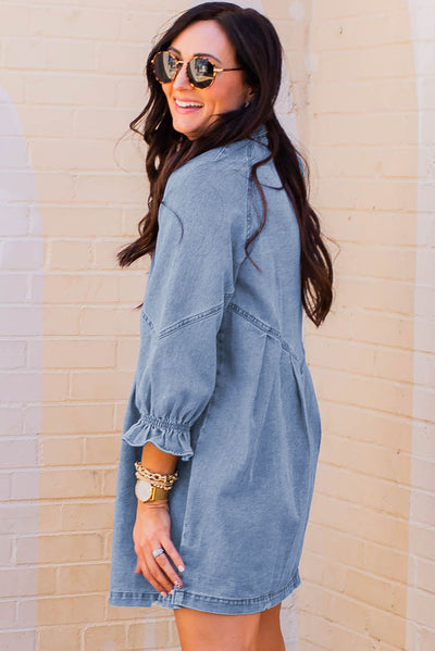 Sky Blue Buttoned Long Sleeve Denim Mini Dress-Dresses-MomFashion