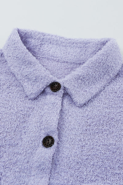 Purple Plush Button Down Pocketed Shirt Jacket-Outerwear-MomFashion